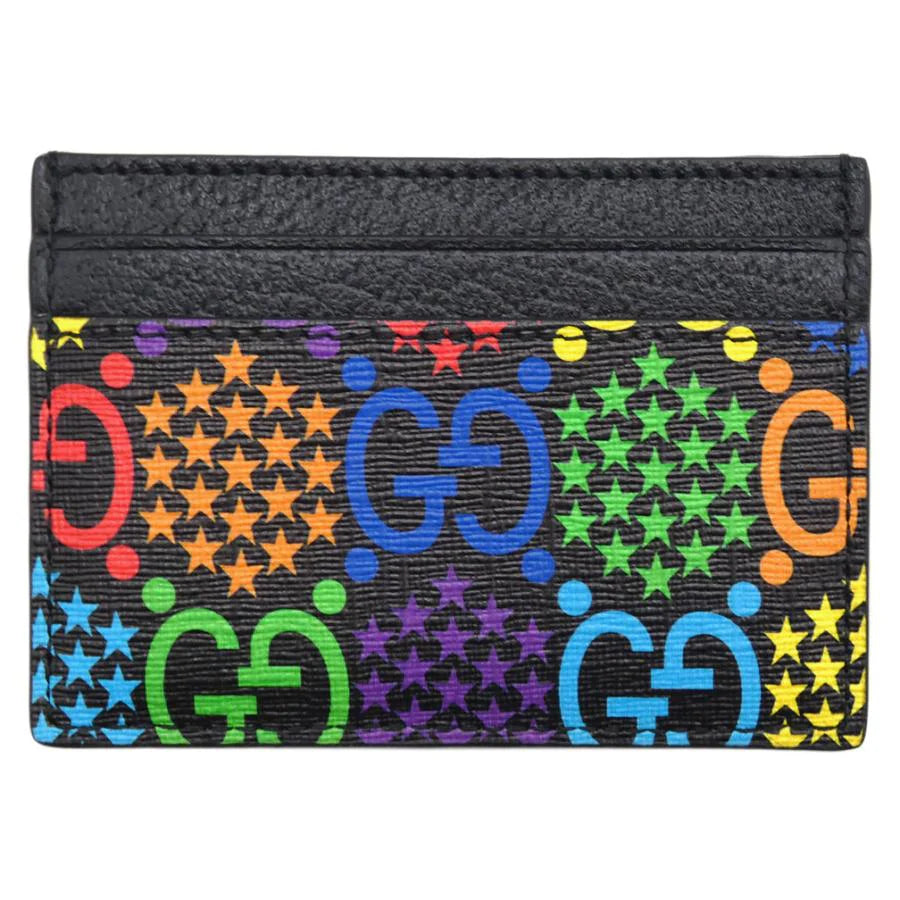 99% New Gucci GG Logo Print Card Case Holder 601098 Leather Black Multicolor