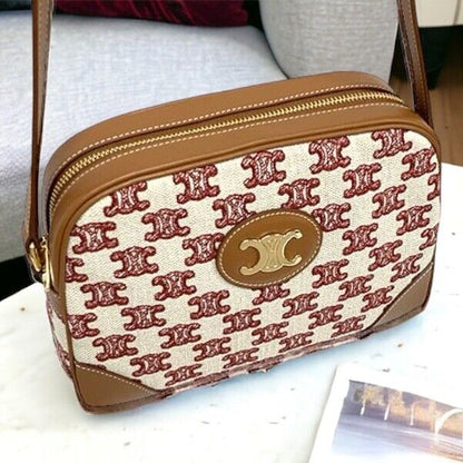 Brand New Celine Triomphe Camera Shoulder Bag Leather Brown Red Beige