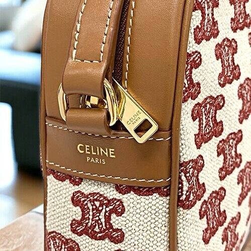 Brand New Celine Triomphe Camera Shoulder Bag Leather Brown Red Beige